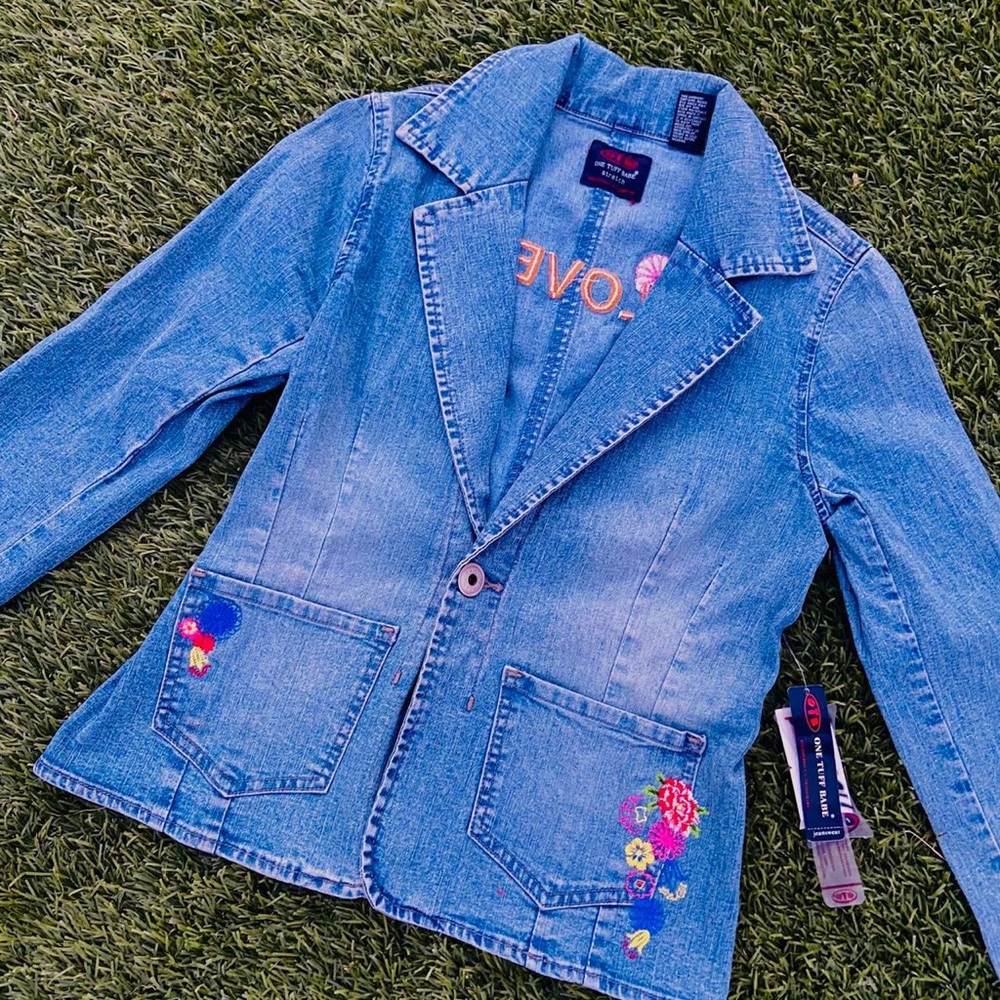One Tuff Babe embroidered jean denim hippie floral jacket